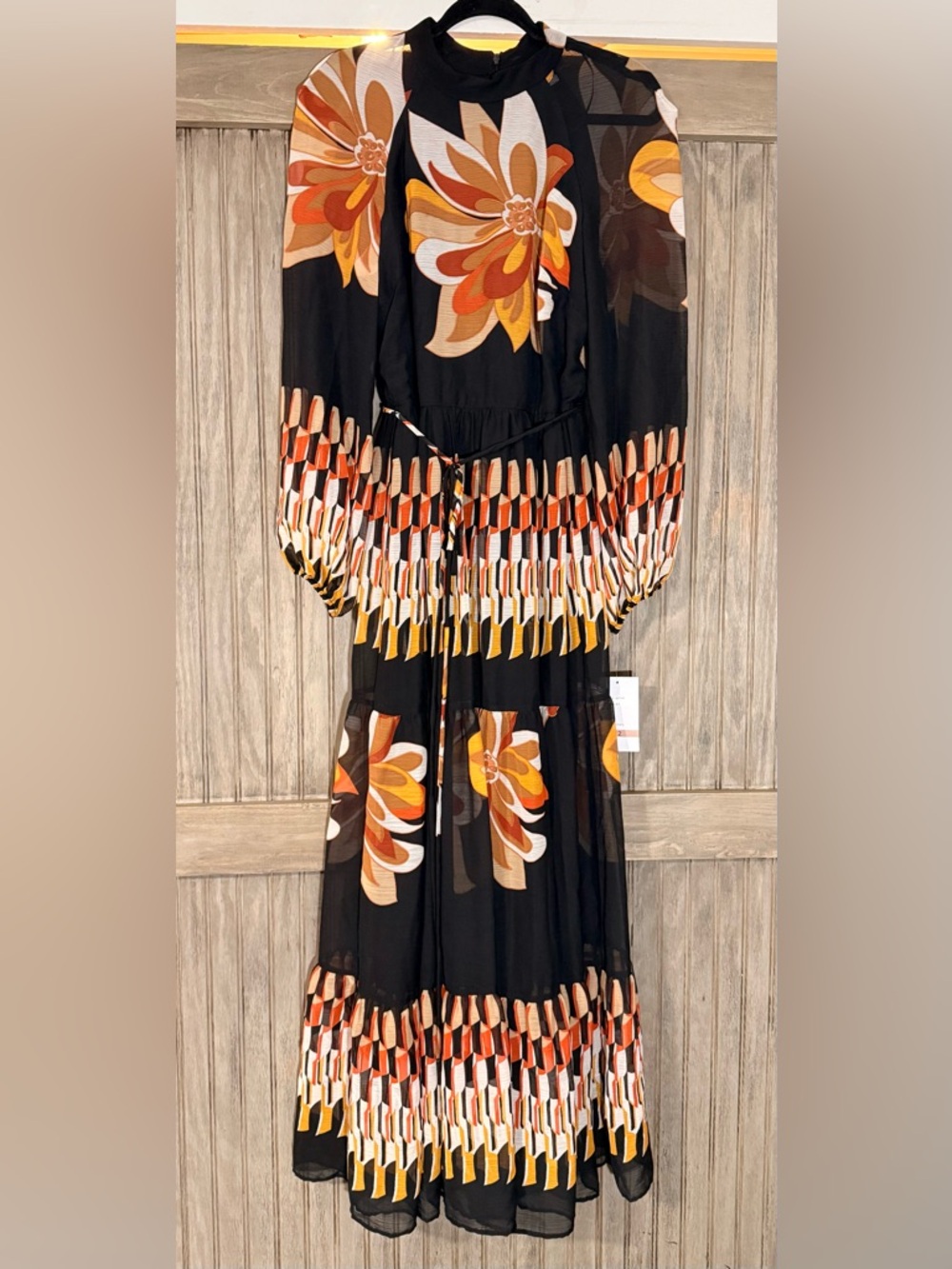 Maison Tara Black Floral Maxi Dress with Orange, Yellow and Cream Accents